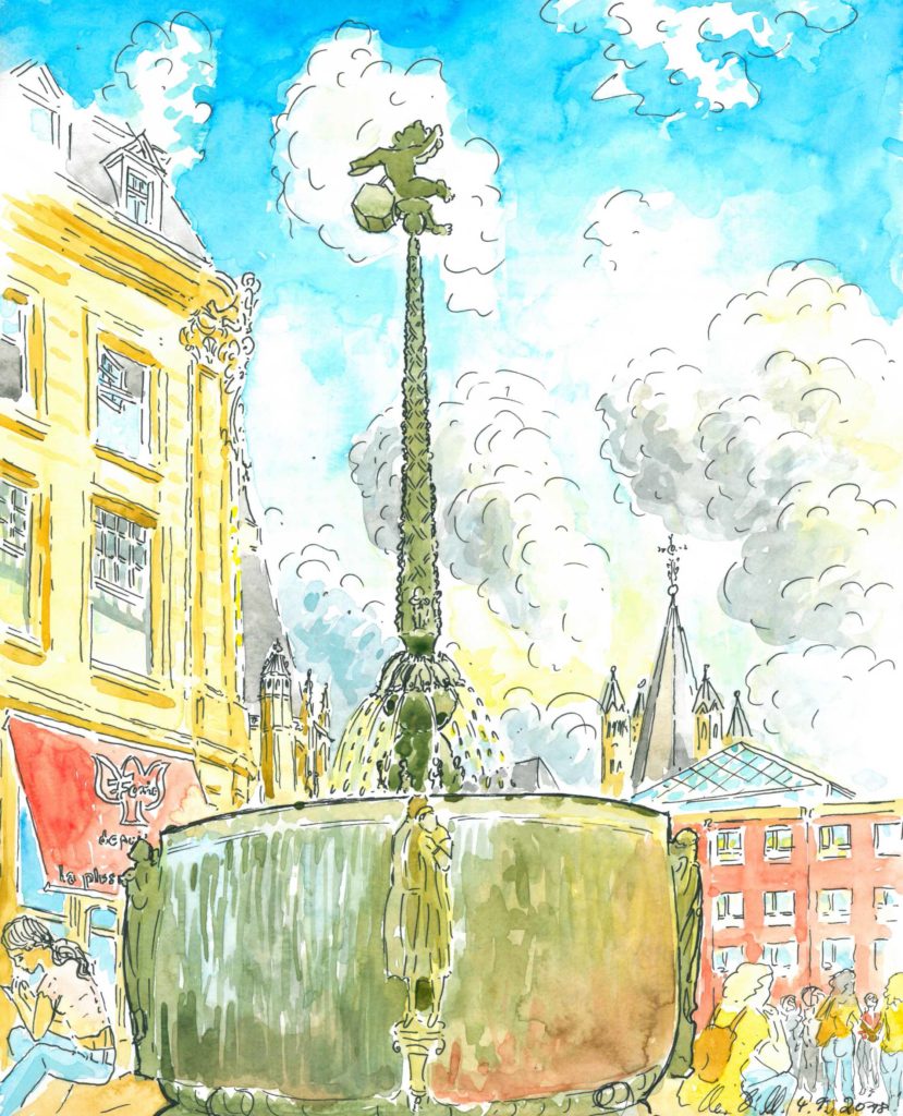 Aquarellierte Zeichnung Brunnen