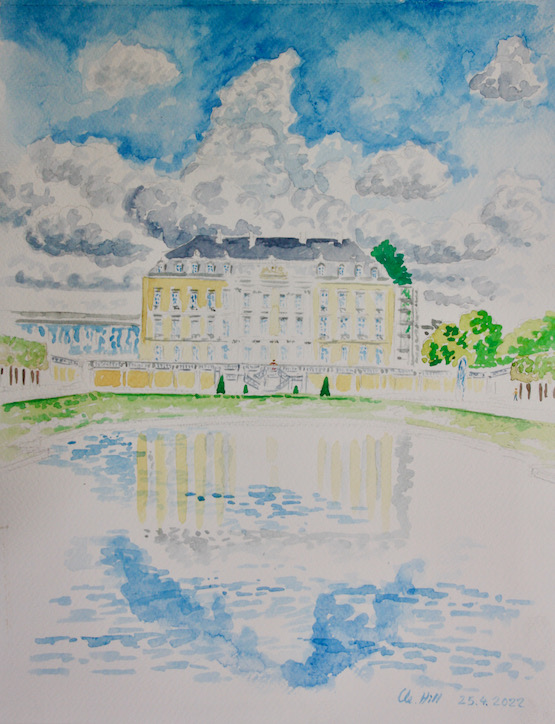 Schloss Brühl, Südseite vom Weiher aus. Aquarell von Clemens Hillebrand am 25.04.2022