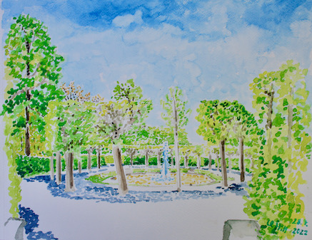 Eine der kleinen Fontänen im Schlosspark Brühl. Aquarell von Clemens Hillebrand am 28.04. 2022.
