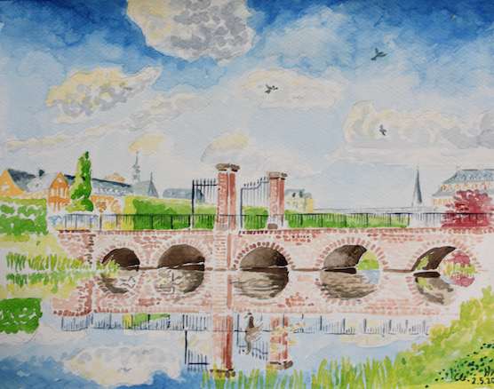 Brücke zur Gärtnerei im Schlosspark Brühl. Aquarell von Clemens Hillebrand am 2.5.2022.