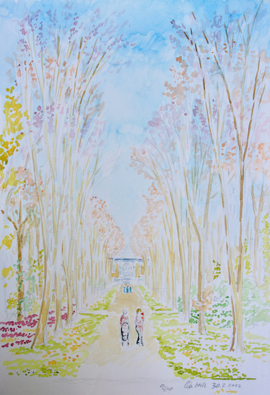 Allee im Schlosspark am 30.03.2022. Aquarell von Clemens Hillebrand