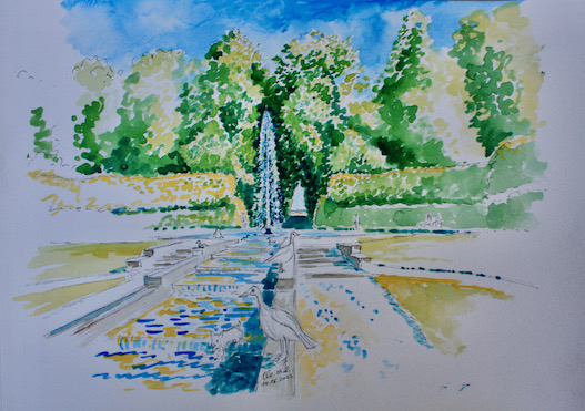 Die große Fontäne im Schlosspark. Aquarell von Clemens Hillebrand am 14.06.2022.