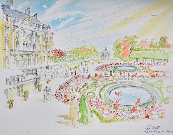 Oktobertag im Schlosspark Brühl. Tusche und Aquarell von Clemens Hillebrand am 12. und 13. 10. 2022.