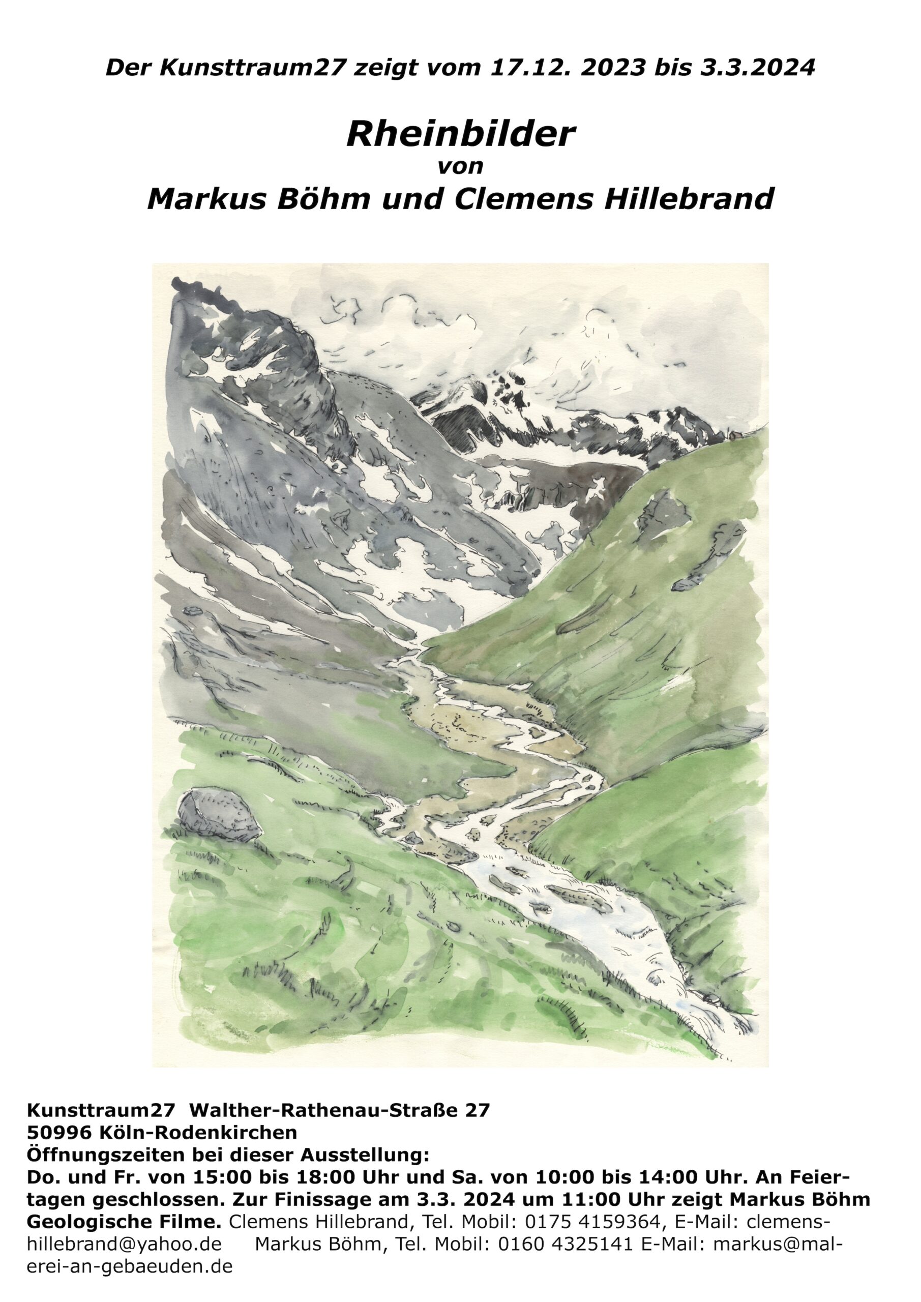 Plakat zur Ausstellung Rheinbilder, 2023 und 2024 von Markus Böhm und Clemens Hillebrand unter Verwendung eines Holzschnitts von Markus Böhm,